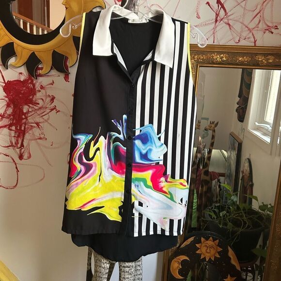 Maloka Black and White Abstract Blouse Small - Picture 3 of 15
